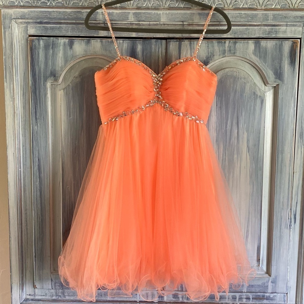 Alyce Paris Bright Orange Sweetheart Tulle Mini Dress